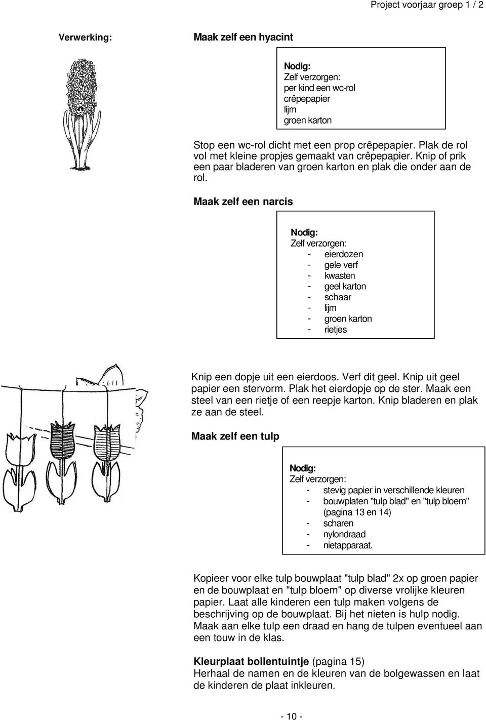 Maak zelf een narcis Nodig: Zelf verzorgen: per kind een wc-rol crêpepapier lijm groen karton Nodig: Zelf verzorgen: - eierdozen - gele verf - kwasten - geel karton - schaar - lijm - groen karton -