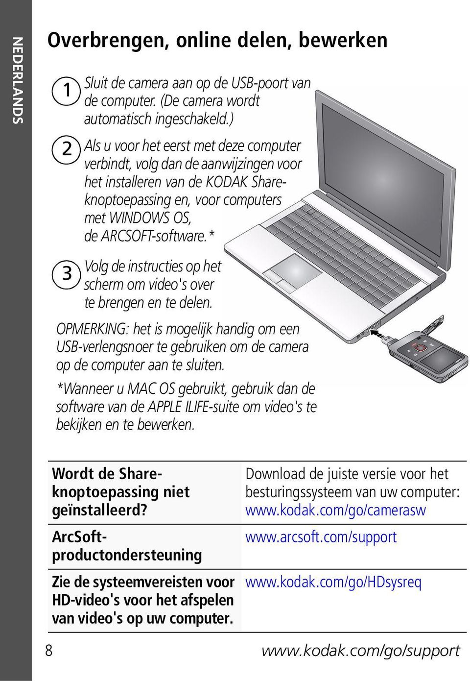 * Volg de instructies op het 3 scherm om video's over te brengen en te delen. OPMERKING: het is mogelijk handig om een USB-verlengsnoer te gebruiken om de camera op de computer aan te sluiten.