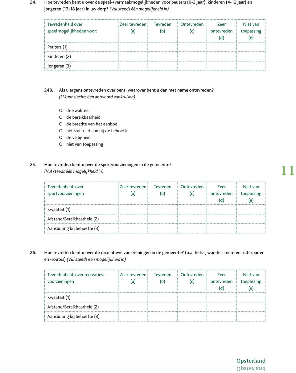 O de kwaliteit O de bereikbaarheid O de breedte van het aanbod O het sluit niet aan bij de behoefte O de veiligheid O niet van 25. Hoe tevreden bent u over de sportvoorzieningen in de gemeente?