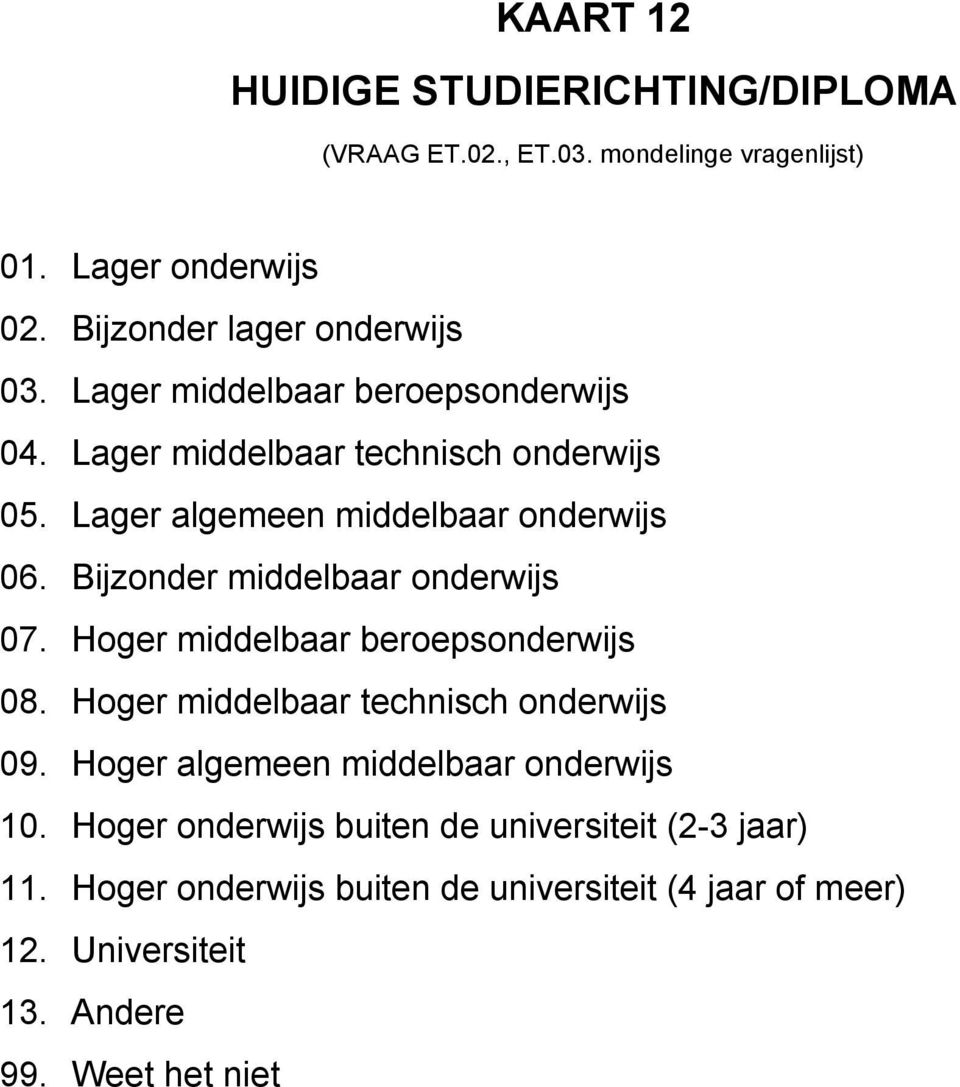 Bijzonder middelbaar onderwijs 07. Hoger middelbaar beroepsonderwijs 08. Hoger middelbaar technisch onderwijs 09.