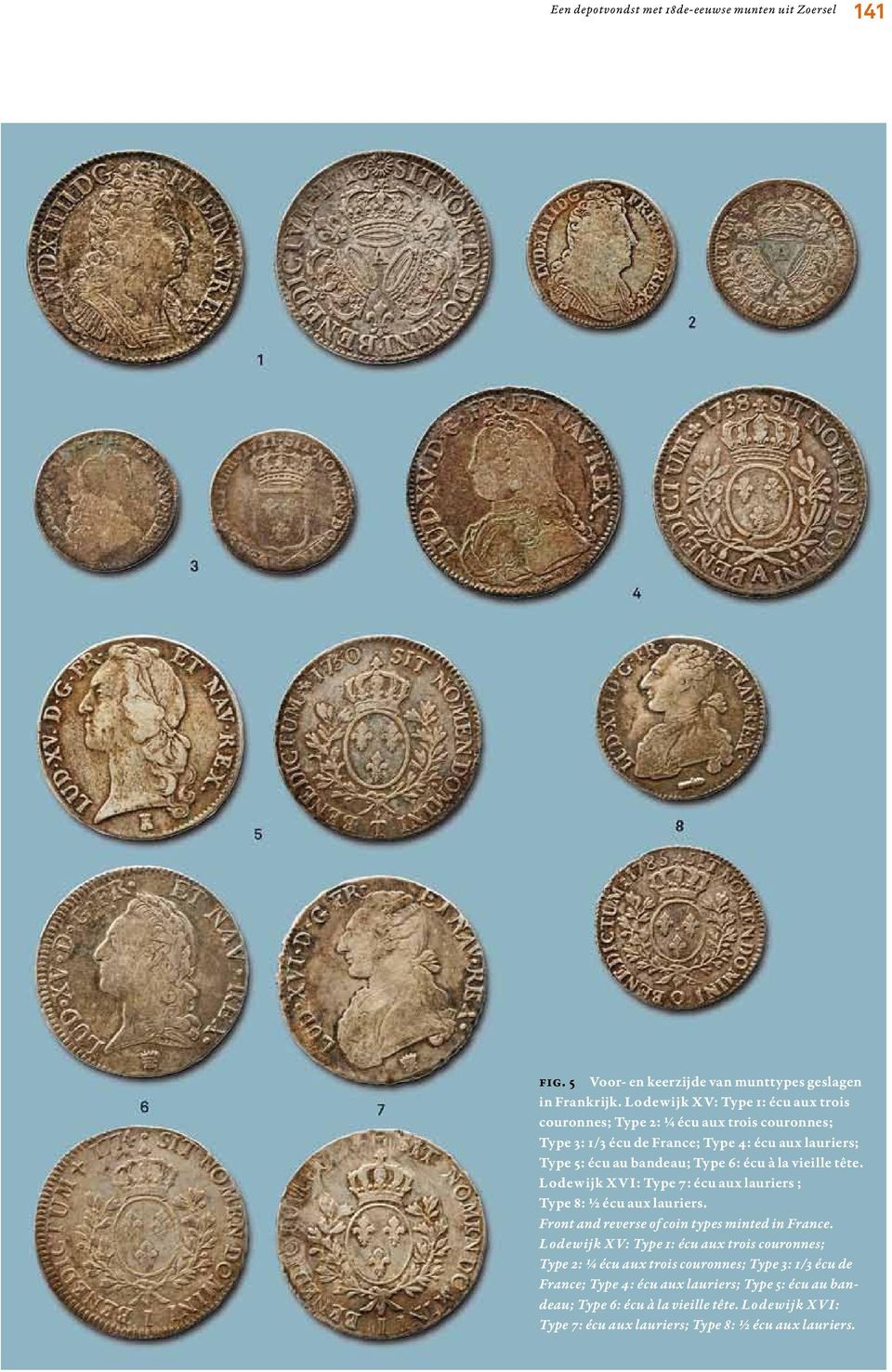 à la vieille tête. Lodewijk xvi: Type 7: écu aux lauriers ; Type 8: ½ écu aux lauriers. Front and reverse of coin types minted in France.  à la vieille tête.