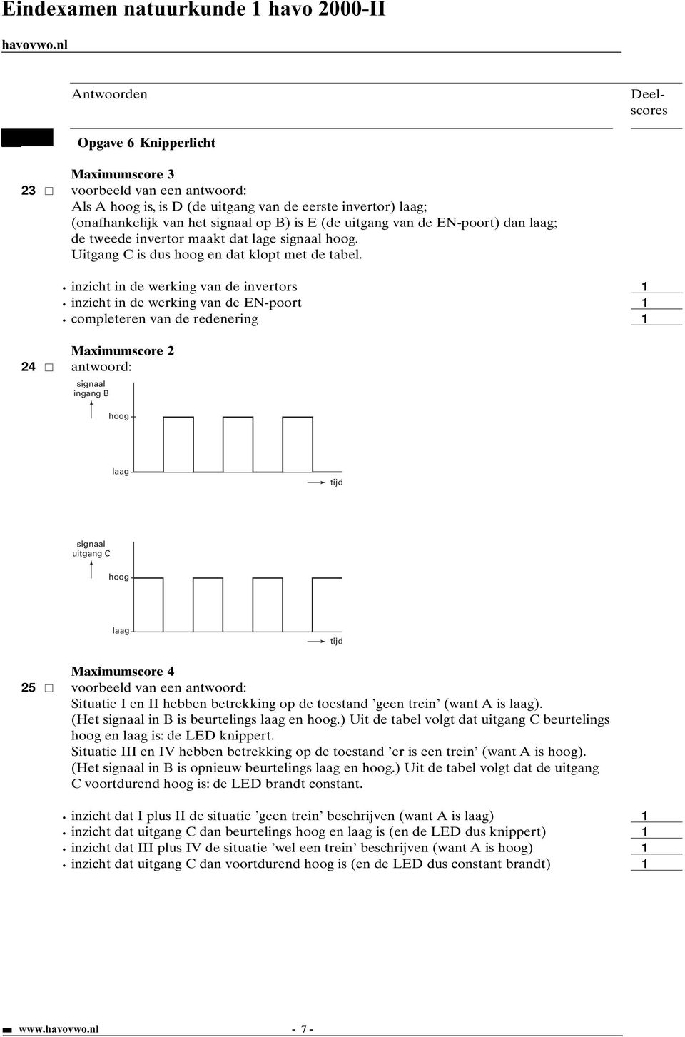 inzicht in de werking van de invertors inzicht in de werking van de EN-poort completeren van de redenering 24 antwoord: signaal ingang B hoog laag tijd signaal uitgang C hoog laag tijd 25 voorbeeld