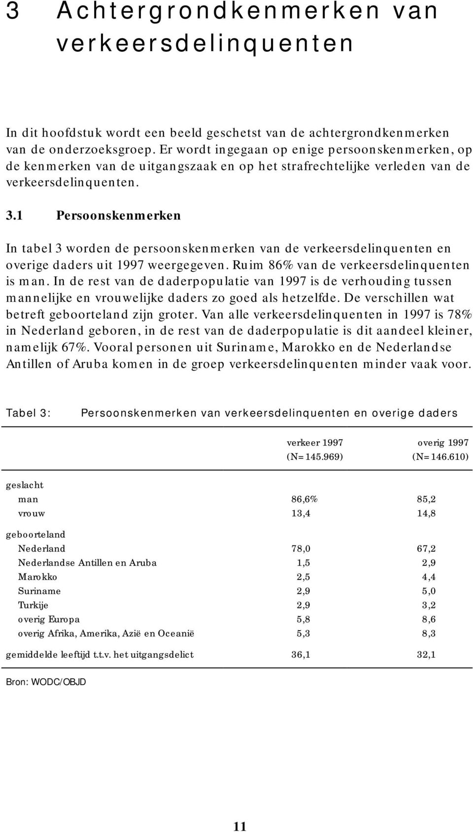 1 Persoonskenmerken In tabel 3 worden de persoonskenmerken van de verkeersdelinquenten en overige daders uit 1997 weergegeven. Ruim 86% van de verkeersdelinquenten is man.