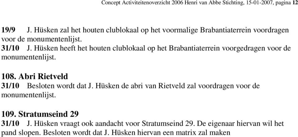 Hüsken heeft het houten clublokaal op het Brabantiaterrein voorgedragen voor de monumentenlijst. 108. Abri Rietveld 31/10 Besloten wordt dat J.