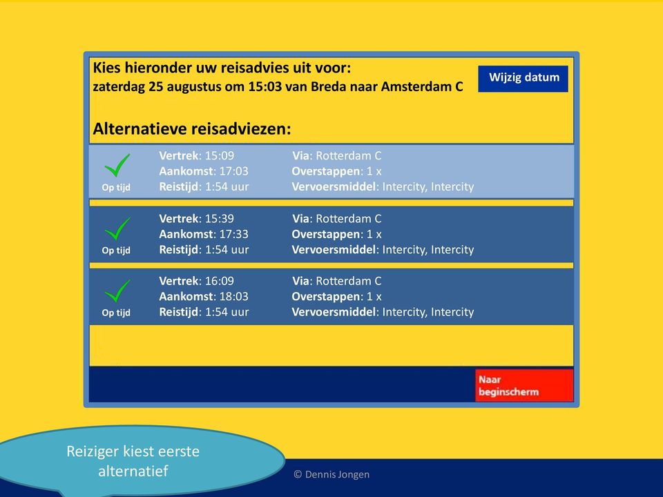 15:39 Via: Rotterdam C Aankomst: 17:33 Overstappen: 1 x Op tijd Reistijd: 1:54 uur Vervoersmiddel: Intercity, Intercity Vertrek: 16:09