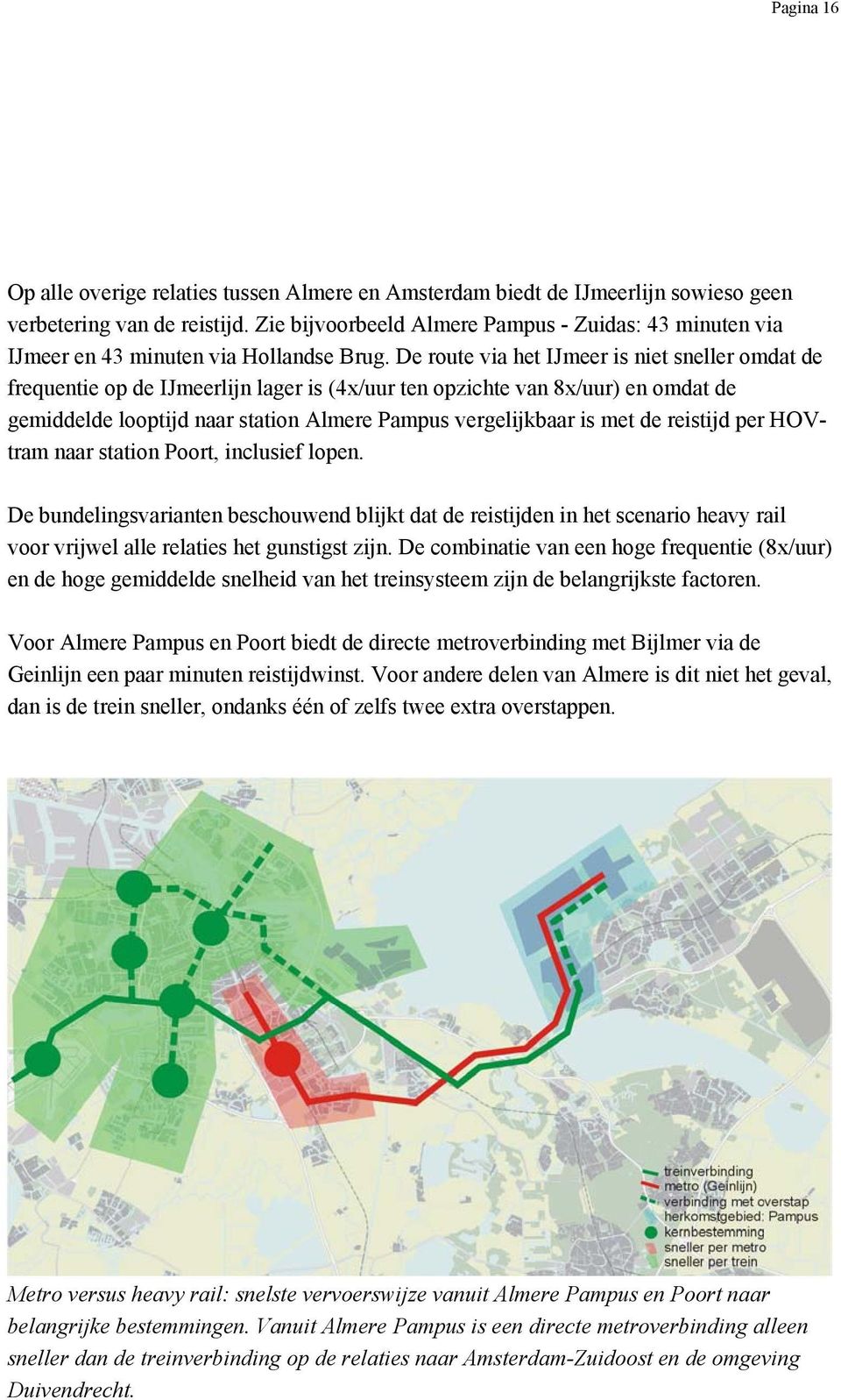 De route via het IJmeer is niet sneller omdat de frequentie op de IJmeerlijn lager is (4x/uur ten opzichte van 8x/uur) en omdat de gemiddelde looptijd naar station Almere Pampus vergelijkbaar is met