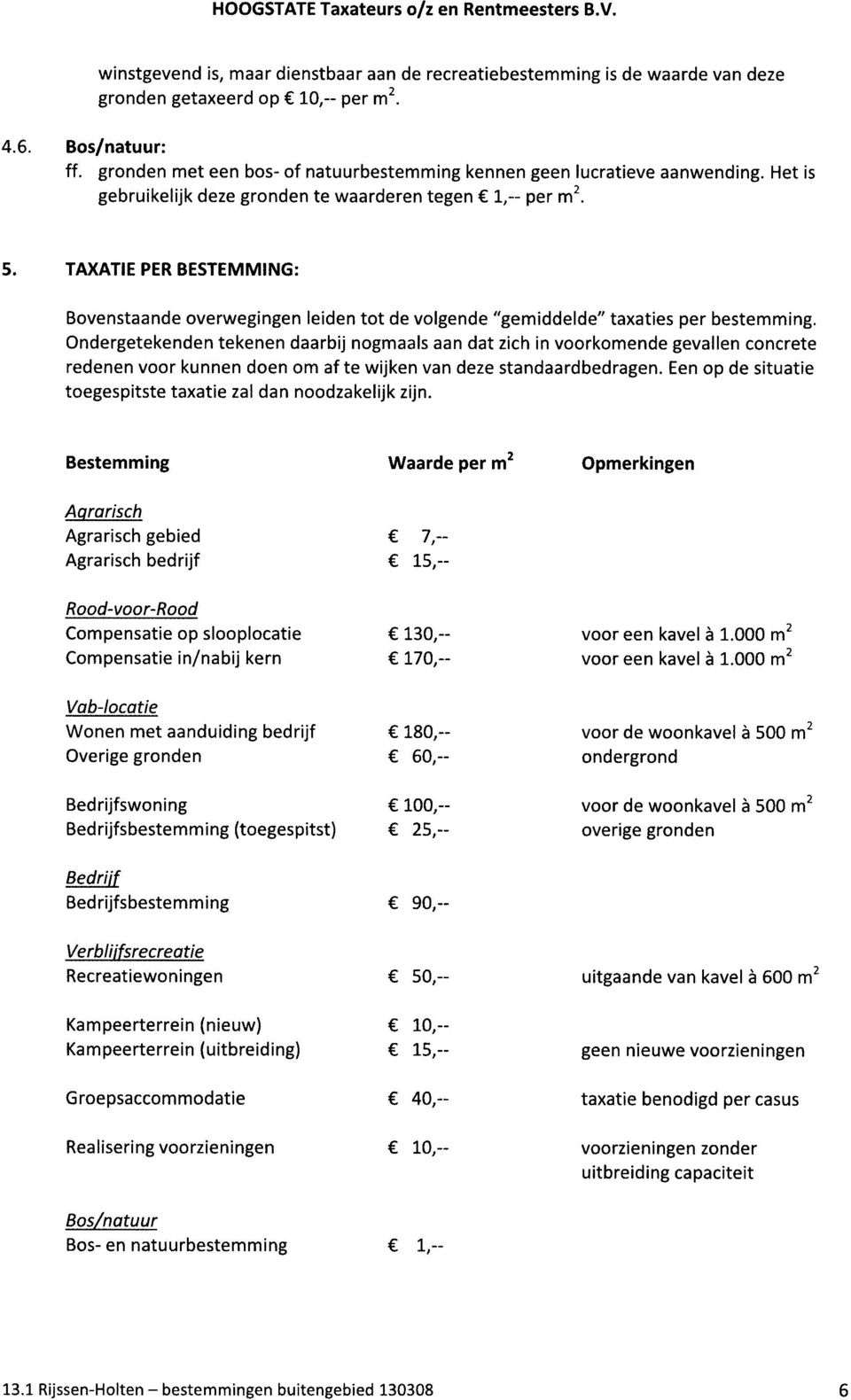 TAXATIE PER BESTEMMING: Bovenstaande overwegingen leiden tot de volgende "gemiddelde" taxaties per bestemming.