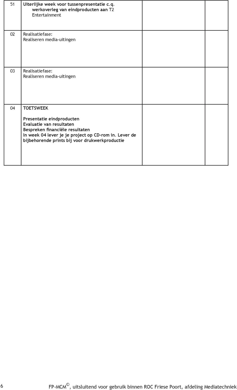 03 Realisatiefase: Realiseren media-uitingen 04 TOETSWEEK Presentatie eindproducten Evaluatie