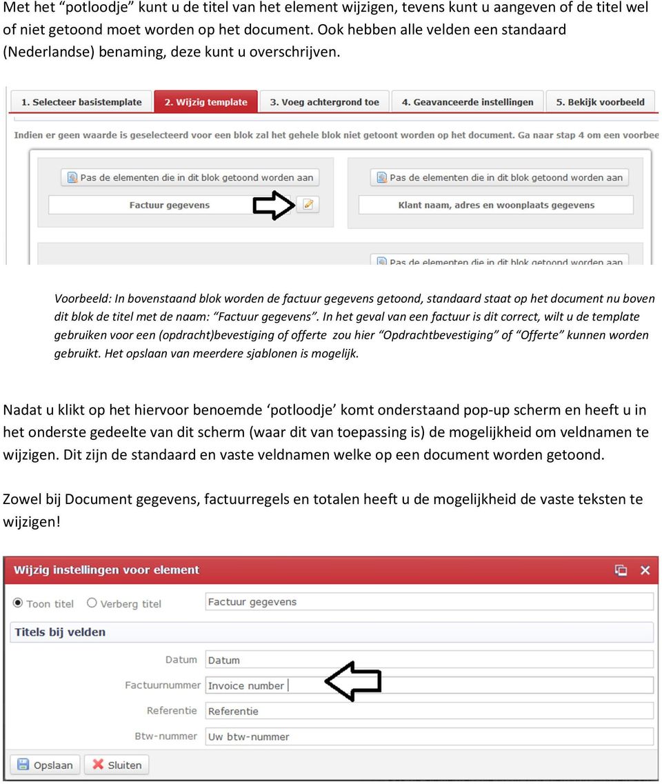 Voorbeeld: In bovenstaand blok worden de factuur gegevens getoond, standaard staat op het document nu boven dit blok de titel met de naam: Factuur gegevens.