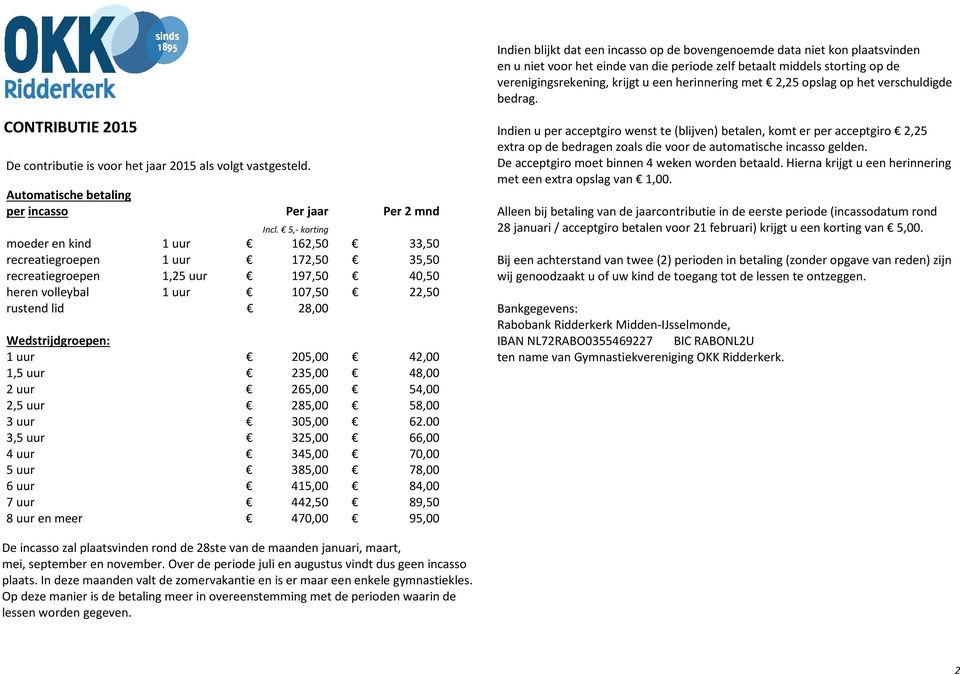 5,- korting moeder en kind 1 uur 162,50 33,50 recreatiegroepen 1 uur 172,50 35,50 recreatiegroepen 1,25 uur 197,50 40,50 heren volleybal 1 uur 107,50 22,50 rustend lid 28,00 Wedstrijdgroepen: 1 uur