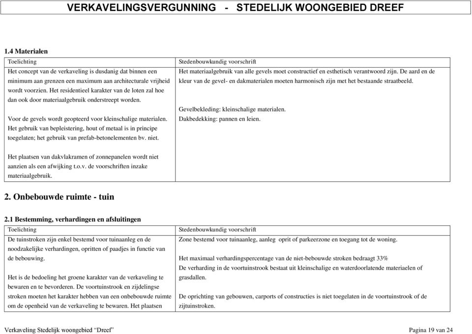 Het gebruik van bepleistering, hout of metaal is in principe toegelaten; het gebruik van prefab-betonelementen bv. niet.