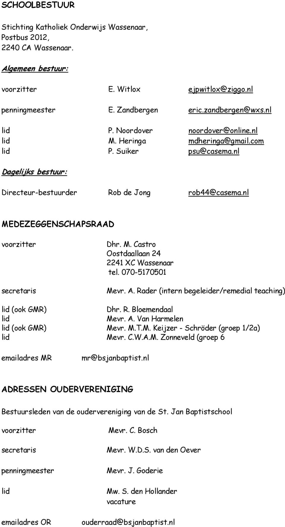 nl MEDEZEGGENSCHAPSRAAD voorzitter secretaris Dhr. M. Castro Oostdaallaan 24 2241 XC Wassenaar tel. 070-5170501 Mevr. A. Rader (intern begeleider/remedial teaching) lid (ook GMR) Dhr. R. Bloemendaal lid Mevr.