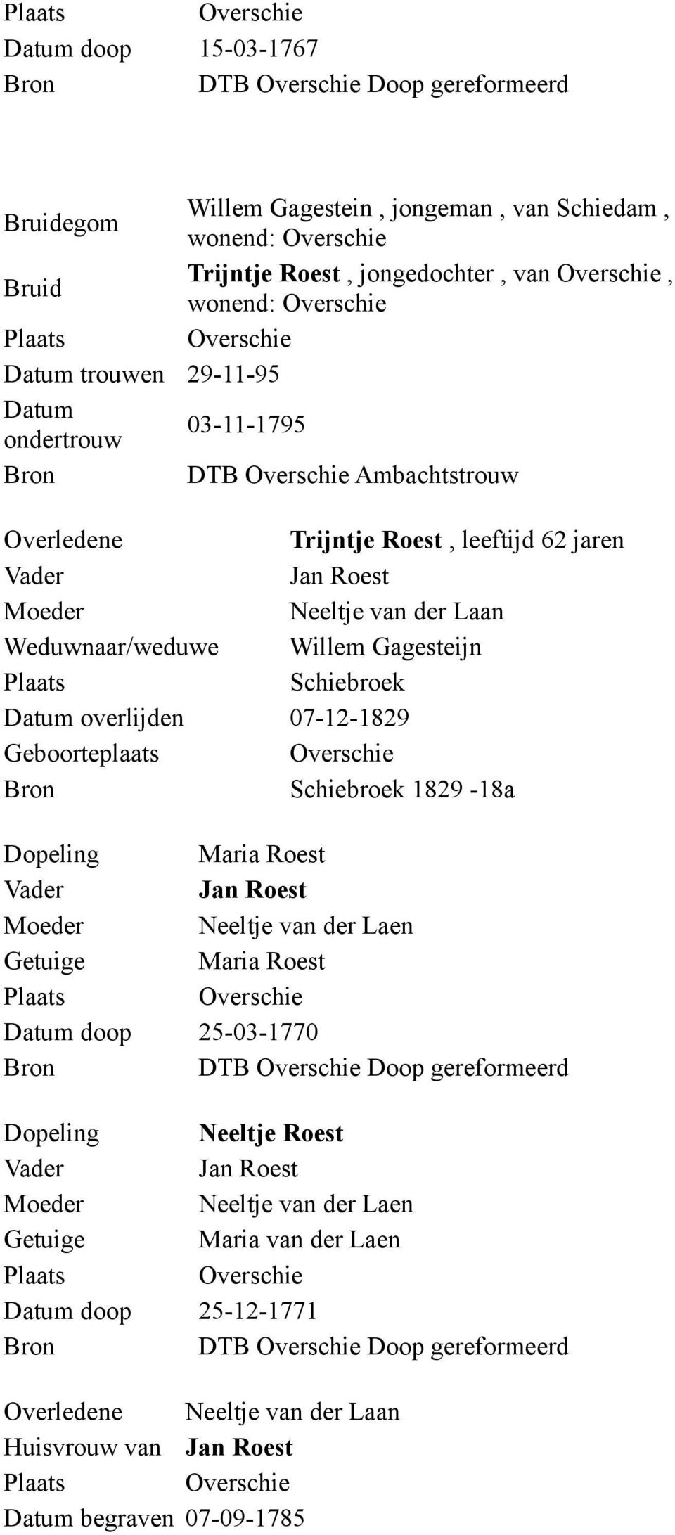 Geboorteplaats Schiebroek 1829-18a Dopeling Maria Roest Moeder Neeltje van der Laen Getuige Maria Roest doop 25-03-1770 DTB Doop gereformeerd Dopeling Neeltje