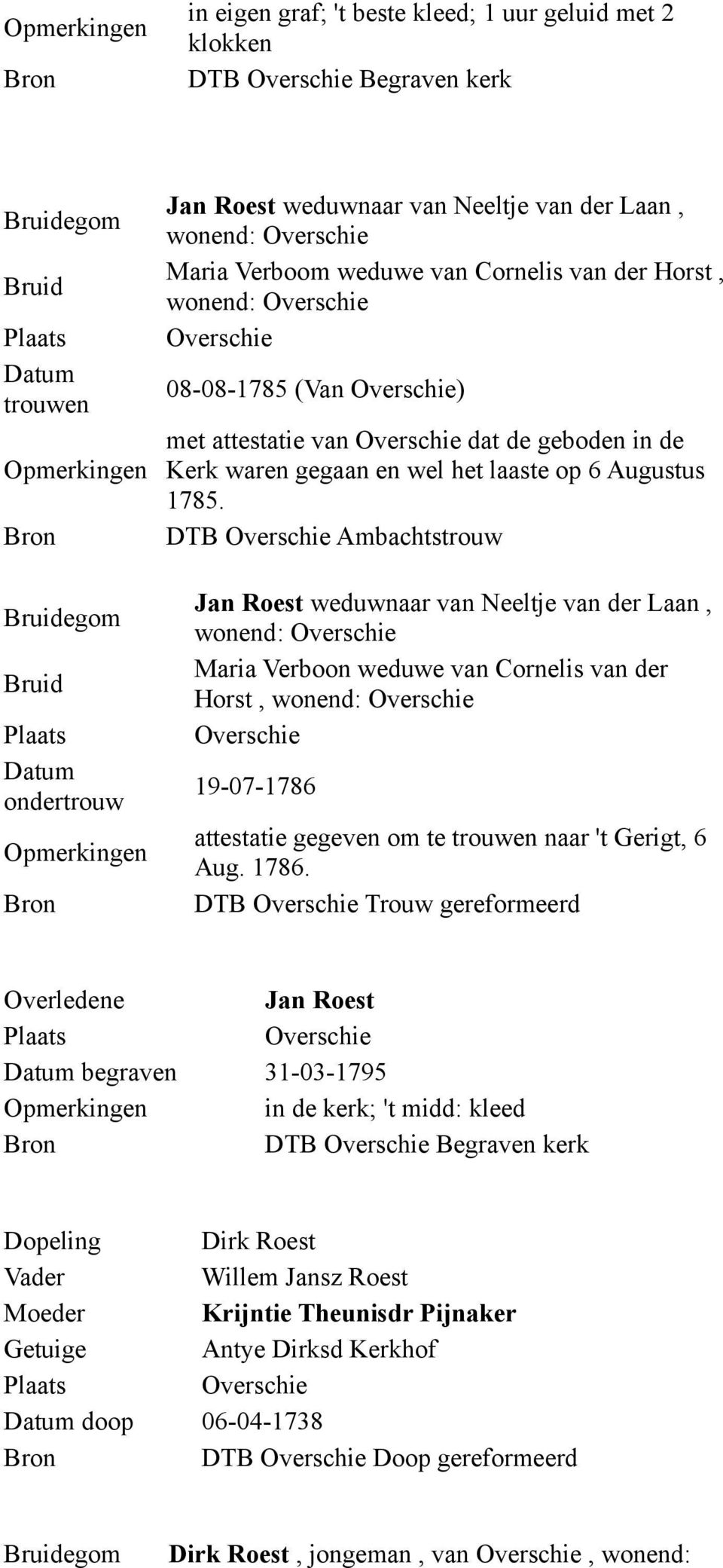 DTB Ambachtstrouw weduwnaar van Neeltje van der Laan, wonend: Maria Verboon weduwe van Cornelis van der Horst, wonend: 19-07-1786 attestatie gegeven om te trouwen naar 't Gerigt, 6 Aug.