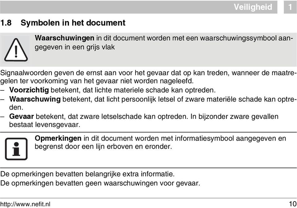 Waarschuwing betekent, dat licht persoonlijk letsel of zware materiële schade kan optreden. Gevaar betekent, dat zware letselschade kan optreden. In bijzonder zware gevallen bestaat levensgevaar.