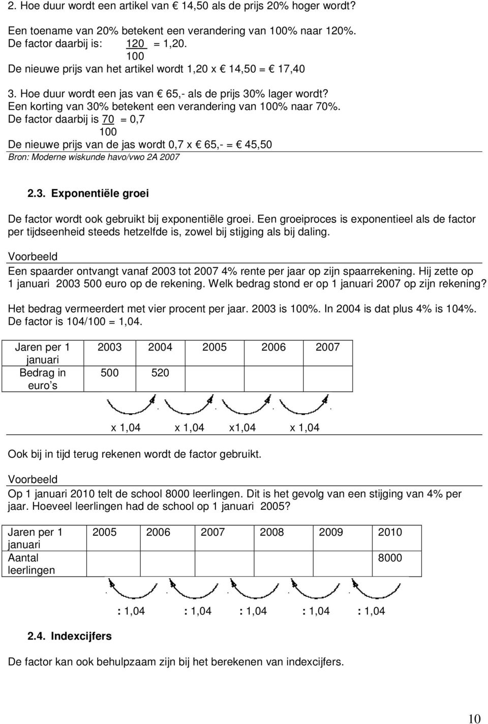 De factor daarbij is 70 = 0,7 100 De nieuwe prijs van de jas wordt 0,7 x 65,- = 45,50 Bron: Moderne wiskunde havo/vwo 2A 2007 2.3.