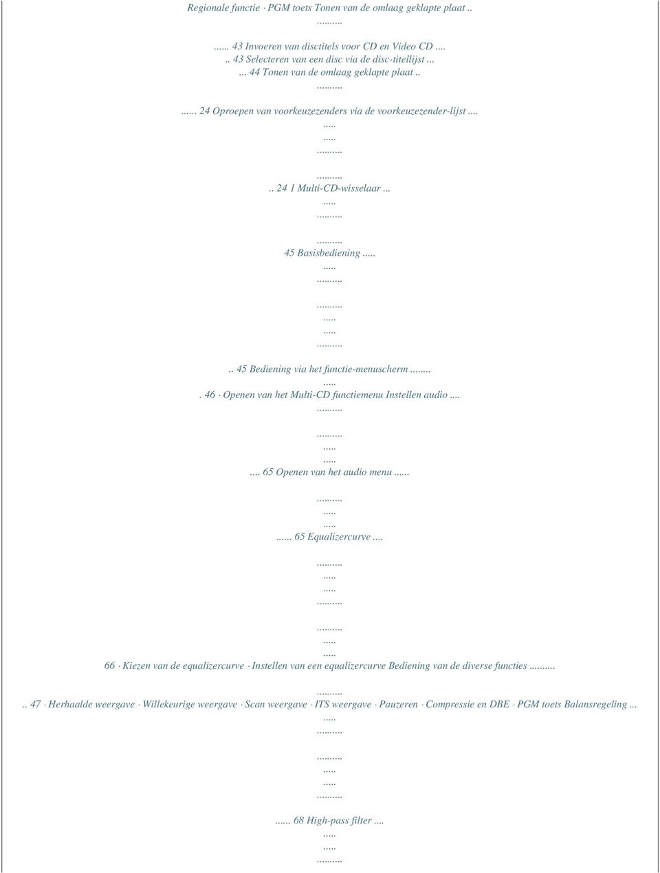 . 45 Bediening via het functie-menuscherm.... 46 Openen van het Multi-CD functiemenu Instellen audio...... 65 Openen van het audio menu.. 65 Equalizercurve.