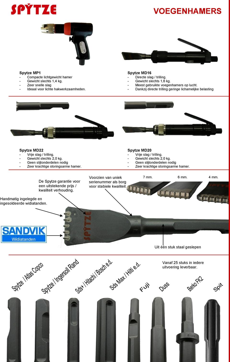 - Geen slijtonderdelen nodig - Zeer krachtige storingsarme hamer. Spytze MD20 - Vrije slag / trilling. - Gewicht slechts 2,0 kg. - Geen slijtonderdelen nodig - Zeer krachtige storingsarme hamer.