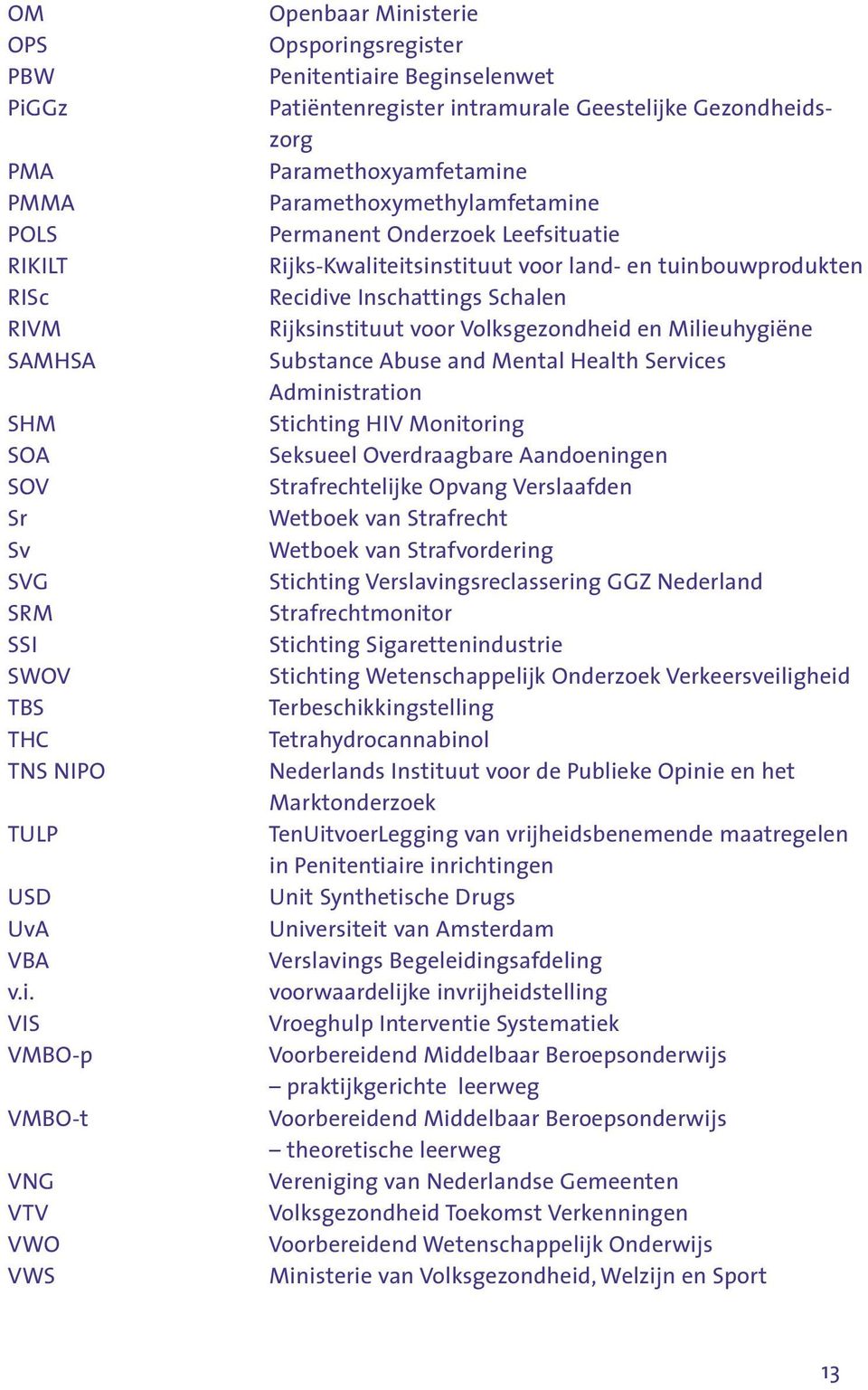 VIS VMBO-p VMBO-t VNG VTV VWO VWS Openbaar Ministerie Opsporingsregister Penitentiaire Beginselenwet Patiëntenregister intramurale Geestelijke Gezondheidszorg Paramethoxyamfetamine