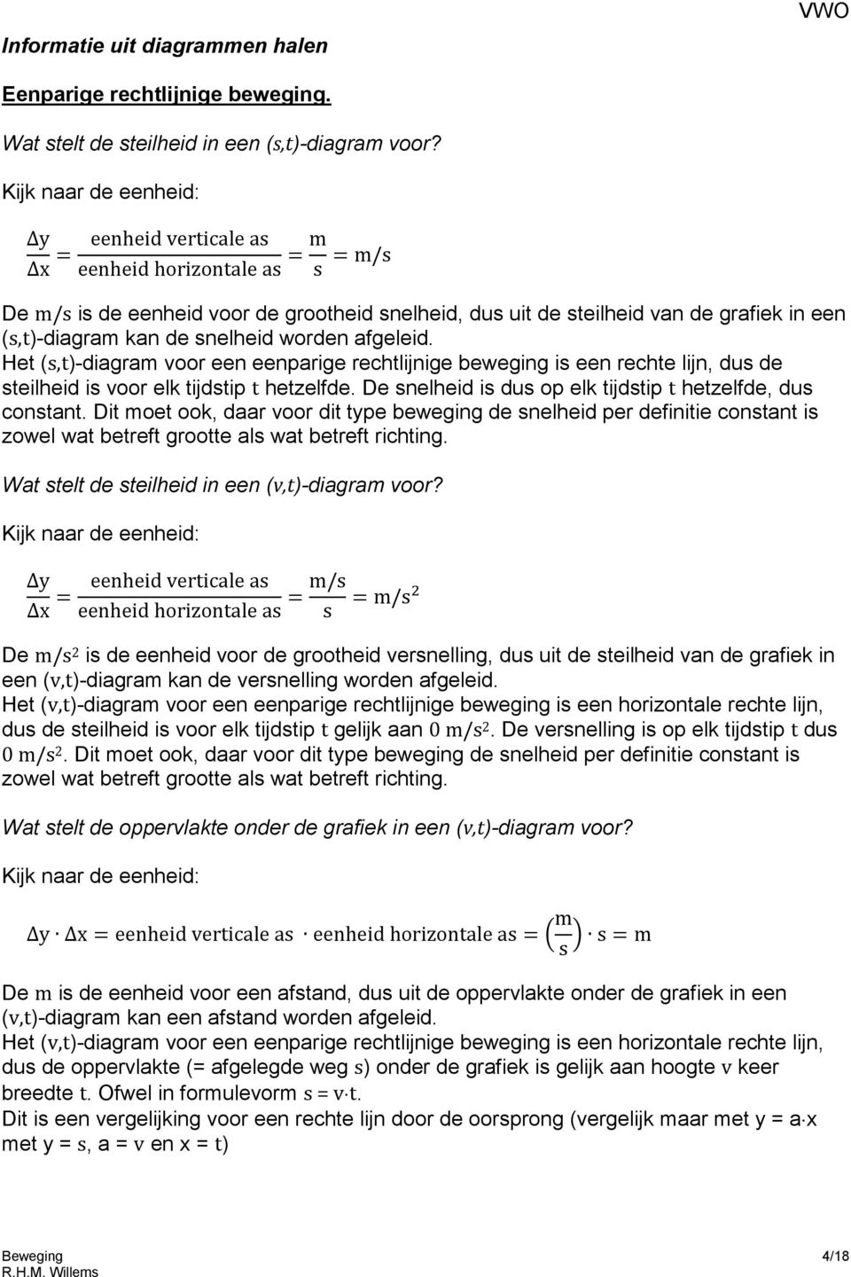 snelheid worden afgeleid. Het (s,t)-diagram voor een eenparige rechtlijnige beweging is een rechte lijn, dus de steilheid is voor elk tijdstip t hetzelfde.