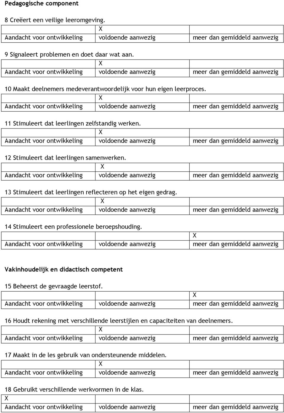 13 Stimuleert dat leerlingen reflecteren op het eigen gedrag. 14 Stimuleert een professionele beroepshouding.