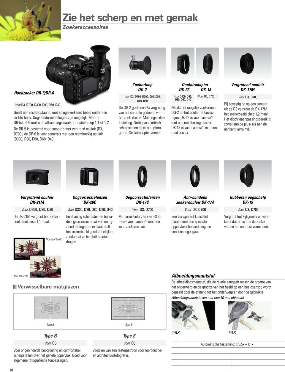 De DR-5 is bestemd voor camera s met een rond oculair (D3, D700); de DR-6 is voor camera s met een rechthoekig oculair (D300, D90, D80, D60, D40).