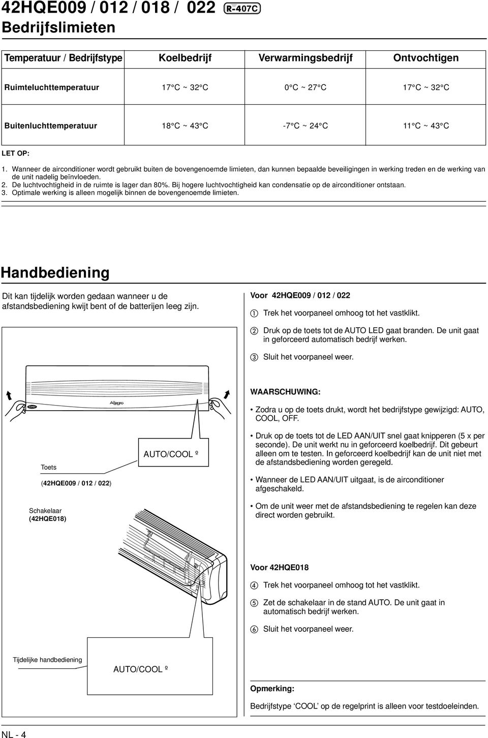 De luchtvochtigheid in de ruimte is lager dan 80%. Bij hogere luchtvochtigheid kan condensatie op de airconditioner ontstaan. 3. Optimale werking is alleen mogelijk binnen de bovengenoemde limieten.