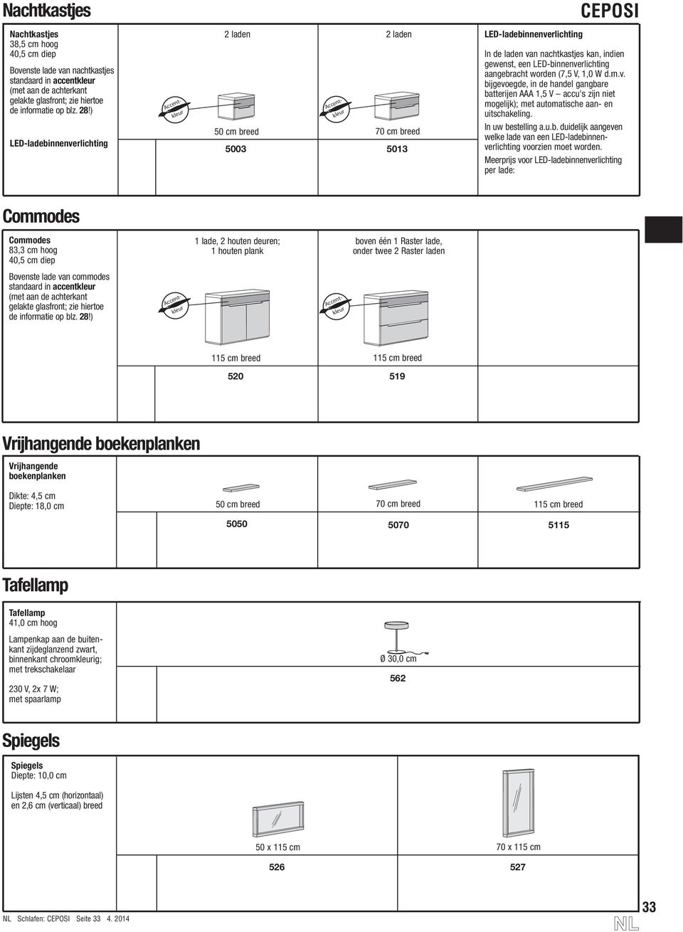 (7,5 V, 1,0 W d.m.v. bijgevoegde, in de handel gangbare batterijen AAA 1,5 V accu's zijn niet mogelijk); met automatische aan- en uitschakeling. In uw bestelling a.u.b. duidelijk aangeven welke lade van een LED-ladebinnenverlichting voorzien moet worden.