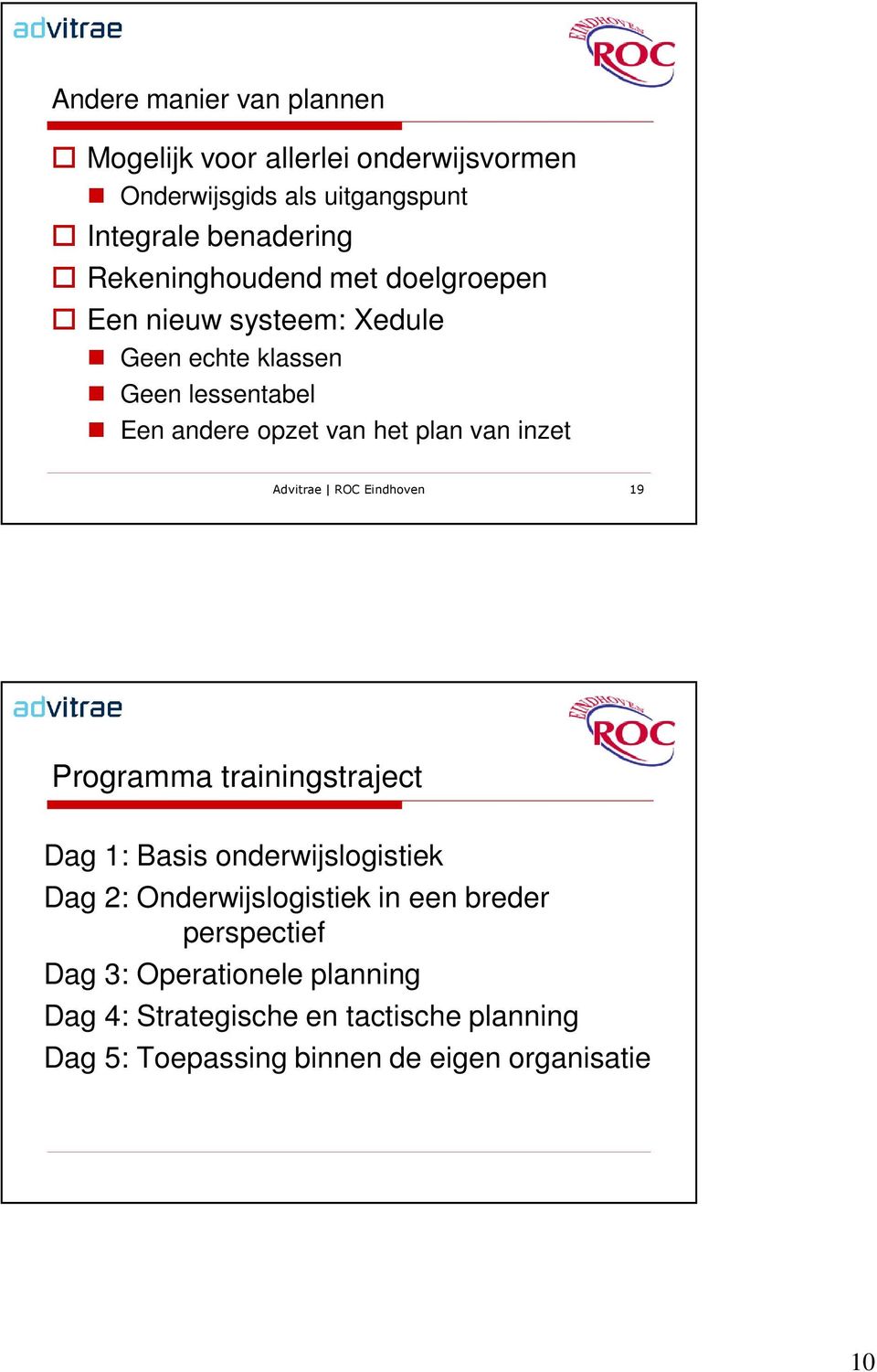 van inzet Advitrae ROC Eindhoven 19 Programma trainingstraject Dag 1: Basis onderwijslogistiek Dag 2: Onderwijslogistiek in
