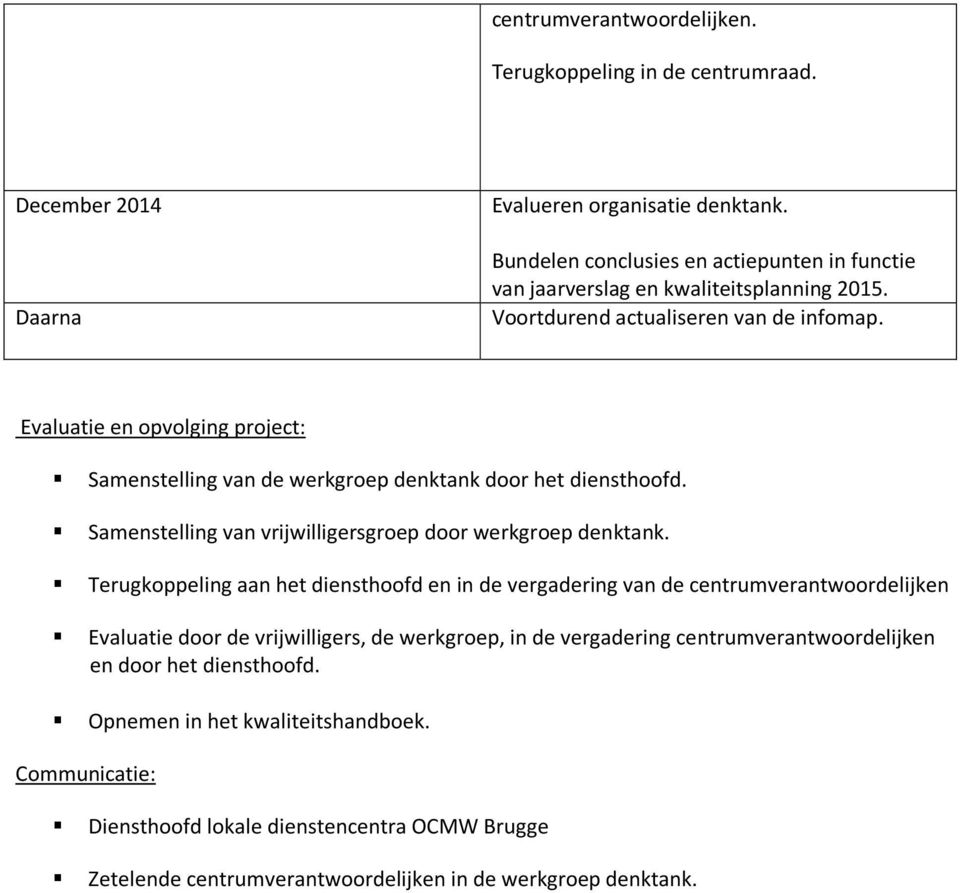 Evaluatie en opvolging project: Samenstelling van de werkgroep denktank door het diensthoofd. Samenstelling van vrijwilligersgroep door werkgroep denktank.