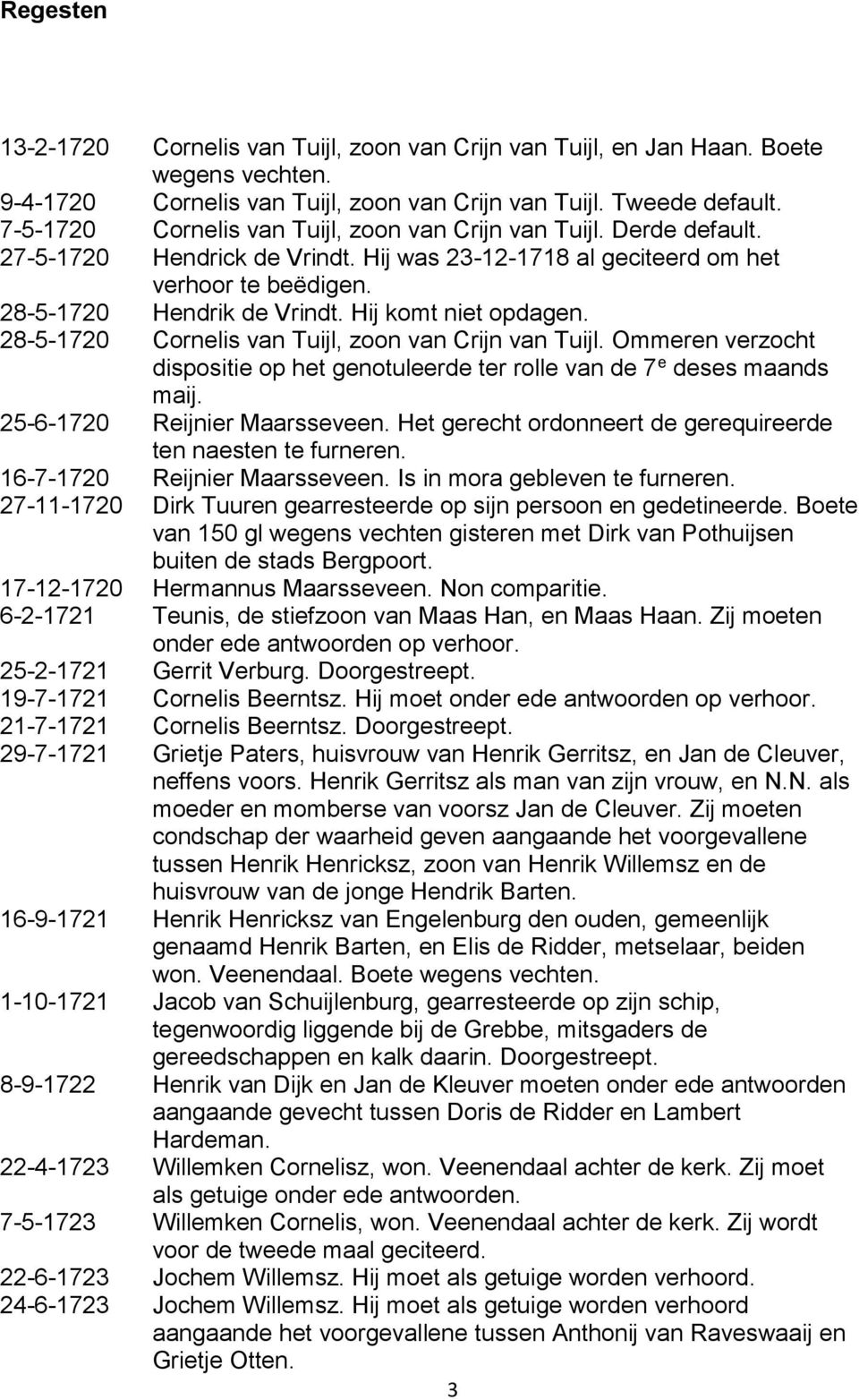 Hij komt niet opdagen. 28-5-1720 Cornelis van Tuijl, zoon van Crijn van Tuijl. Ommeren verzocht dispositie op het genotuleerde ter rolle van de 7 e deses maands maij. 25-6-1720 Reijnier Maarsseveen.
