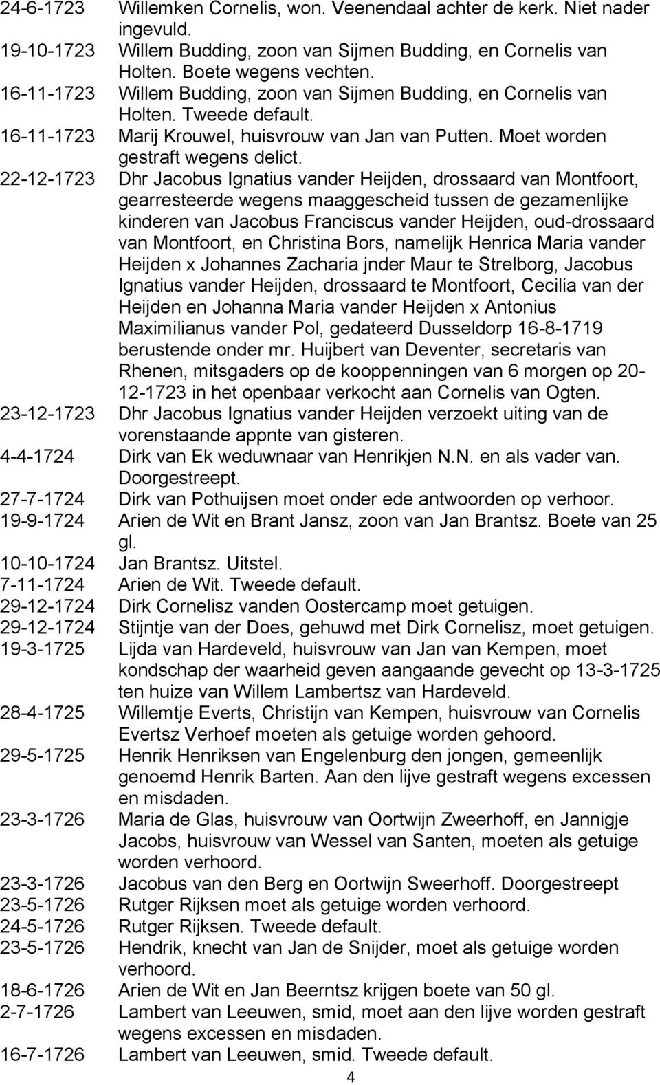 22-12-1723 Dhr Jacobus Ignatius vander Heijden, drossaard van Montfoort, gearresteerde wegens maaggescheid tussen de gezamenlijke kinderen van Jacobus Franciscus vander Heijden, oud-drossaard van