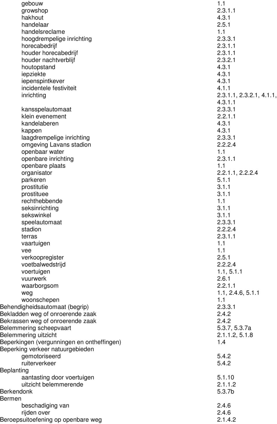 3.3.1 omgeving Lavans stadion 2.2.2.4 openbaar water 1.1 openbare inrichting 2.3.1.1 openbare plaats 1.1 organisator 2.2.1.1, 2.2.2.4 parkeren 5.1.1 prostitutie 3.1.1 prostituee 3.1.1 rechthebbende 1.