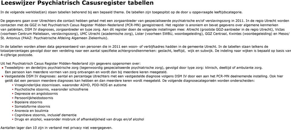 In de regio Utrecht worden contacten met de GGZ in het Psychiatrisch Casus Register Midden-Nederland (PCR-MN) geregistreerd.