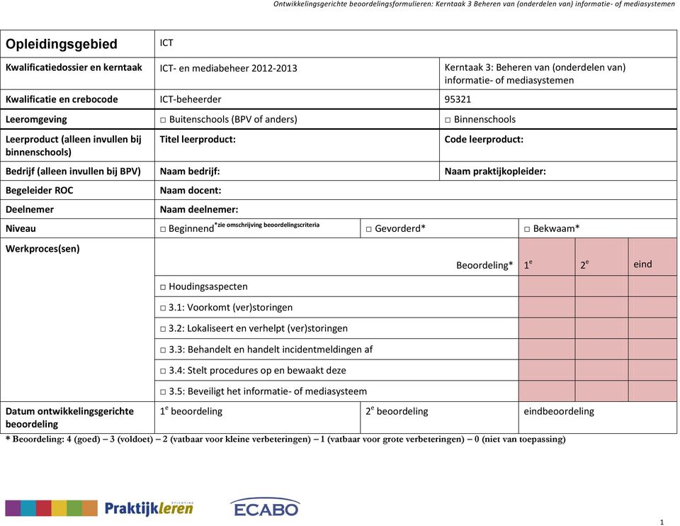 praktijkopleider: Begeleider ROC Deelnemer Naam docent: Naam deelnemer: Niveau Beginnend *zie omschrijving beoordelingscriteria Gevorderd* Bekwaam* Werkproces(sen) Beoordeling* Datum