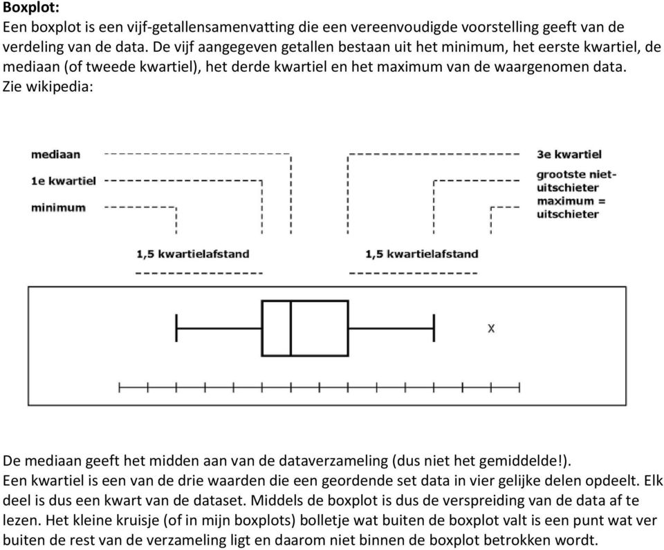 Zie wikipedia: De mediaan geeft het midden aan van de dataverzameling (dus niet het gemiddelde!). Een kwartiel is een van de drie waarden die een geordende set data in vier gelijke delen opdeelt.