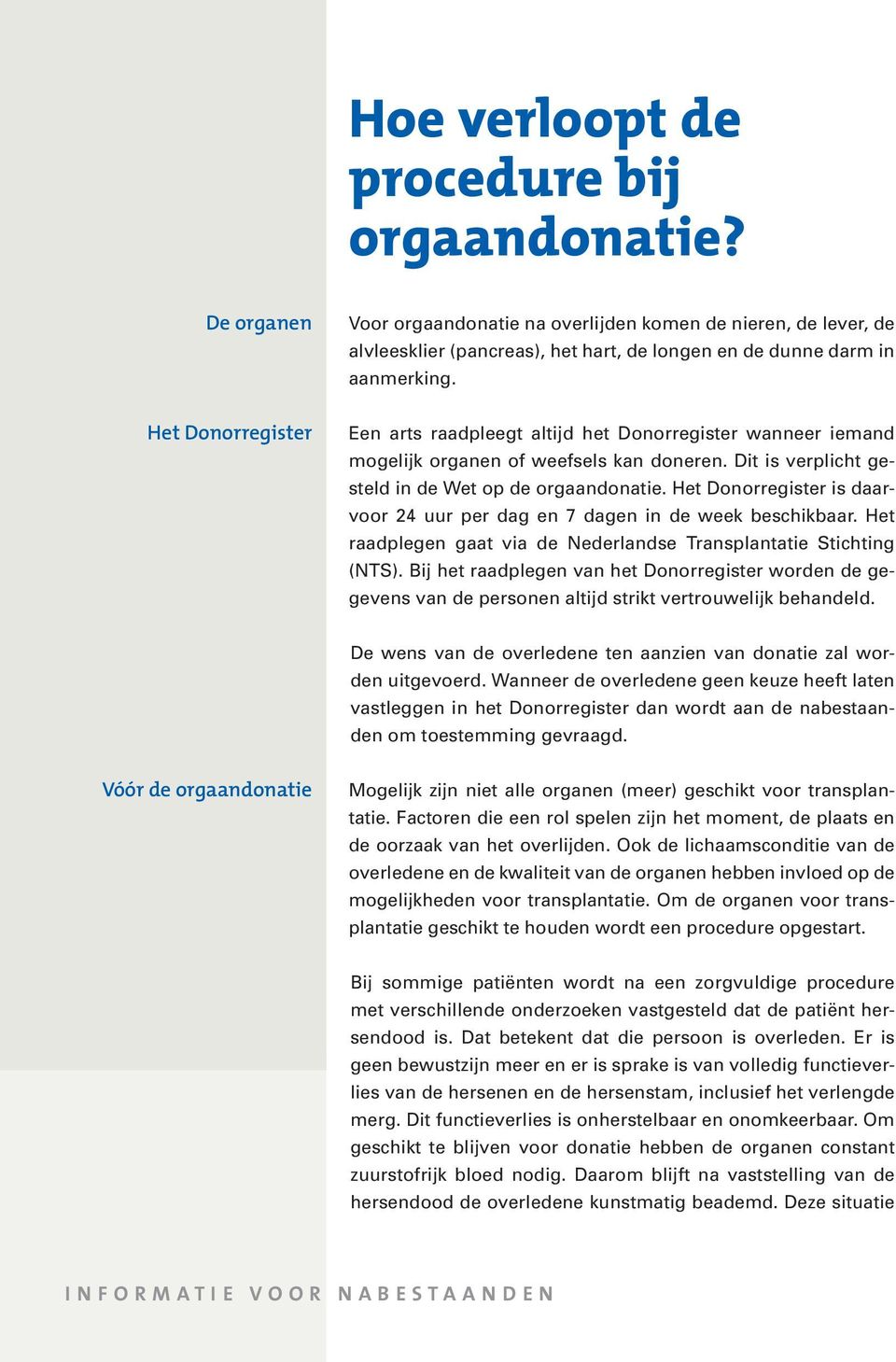 Het Donorregister is daarvoor 24 uur per dag en 7 dagen in de week beschikbaar. Het raadplegen gaat via de Nederlandse Transplantatie Stichting (NTS).