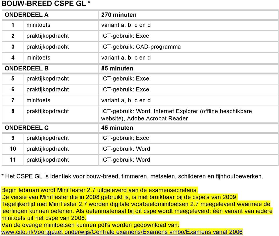 praktijkopdracht ICT-gebruik: Word, Internet Explorer (offline beschikbare website), Adobe Acrobat Reader 45 minuten 9 praktijkopdracht ICT-gebruik: Excel 10