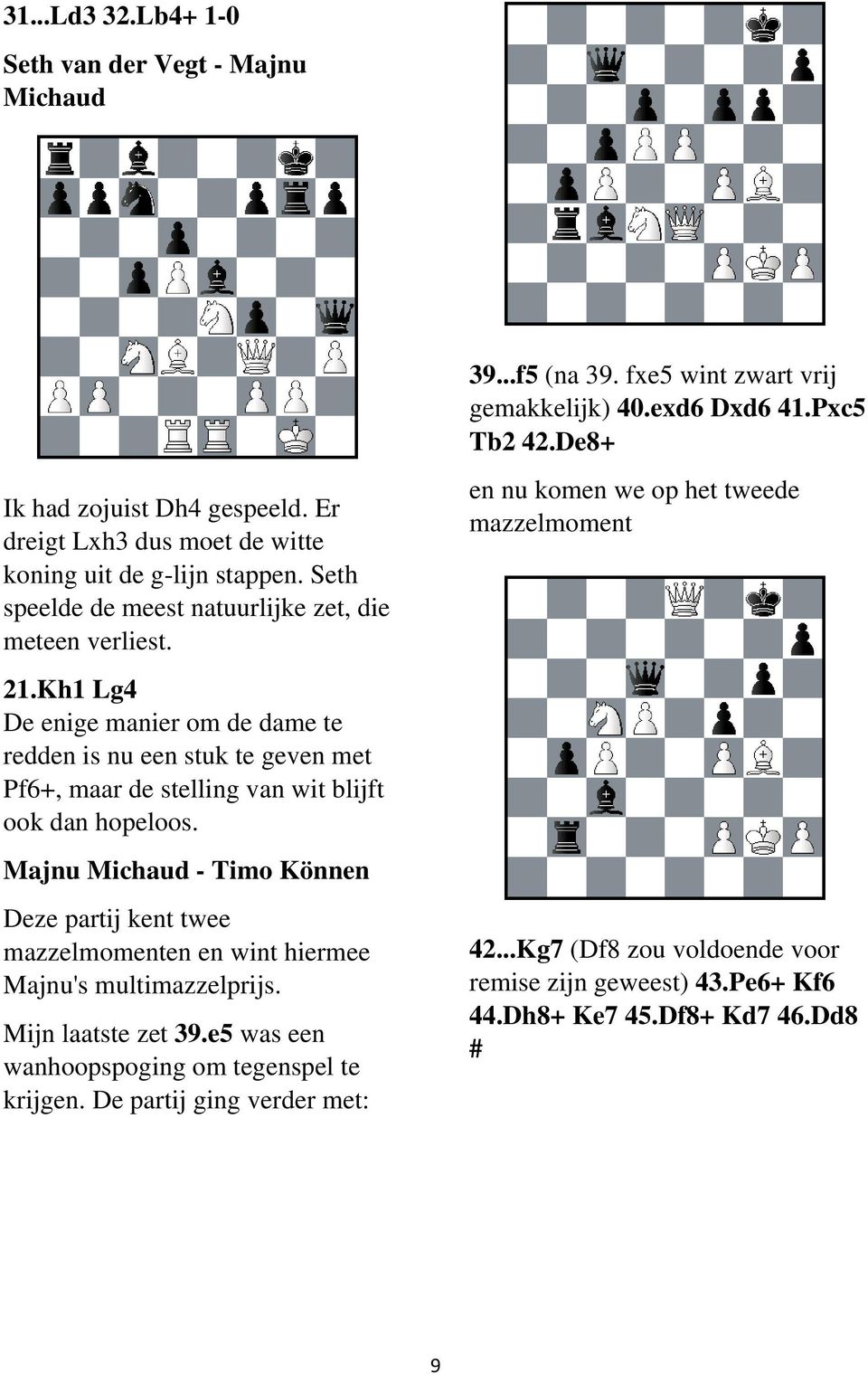 Majnu Michaud - Timo Können Deze partij kent twee mazzelmomenten en wint hiermee Majnu's multimazzelprijs. Mijn laatste zet 39.e5 was een wanhoopspoging om tegenspel te krijgen.