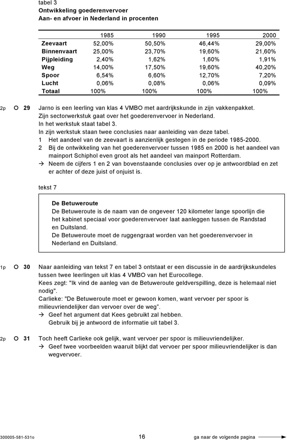 zijn vakkenpakket. Zijn sectorwerkstuk gaat over het goederenvervoer in Nederland. In het werkstuk staat tabel 3. In zijn werkstuk staan twee conclusies naar aanleiding van deze tabel.