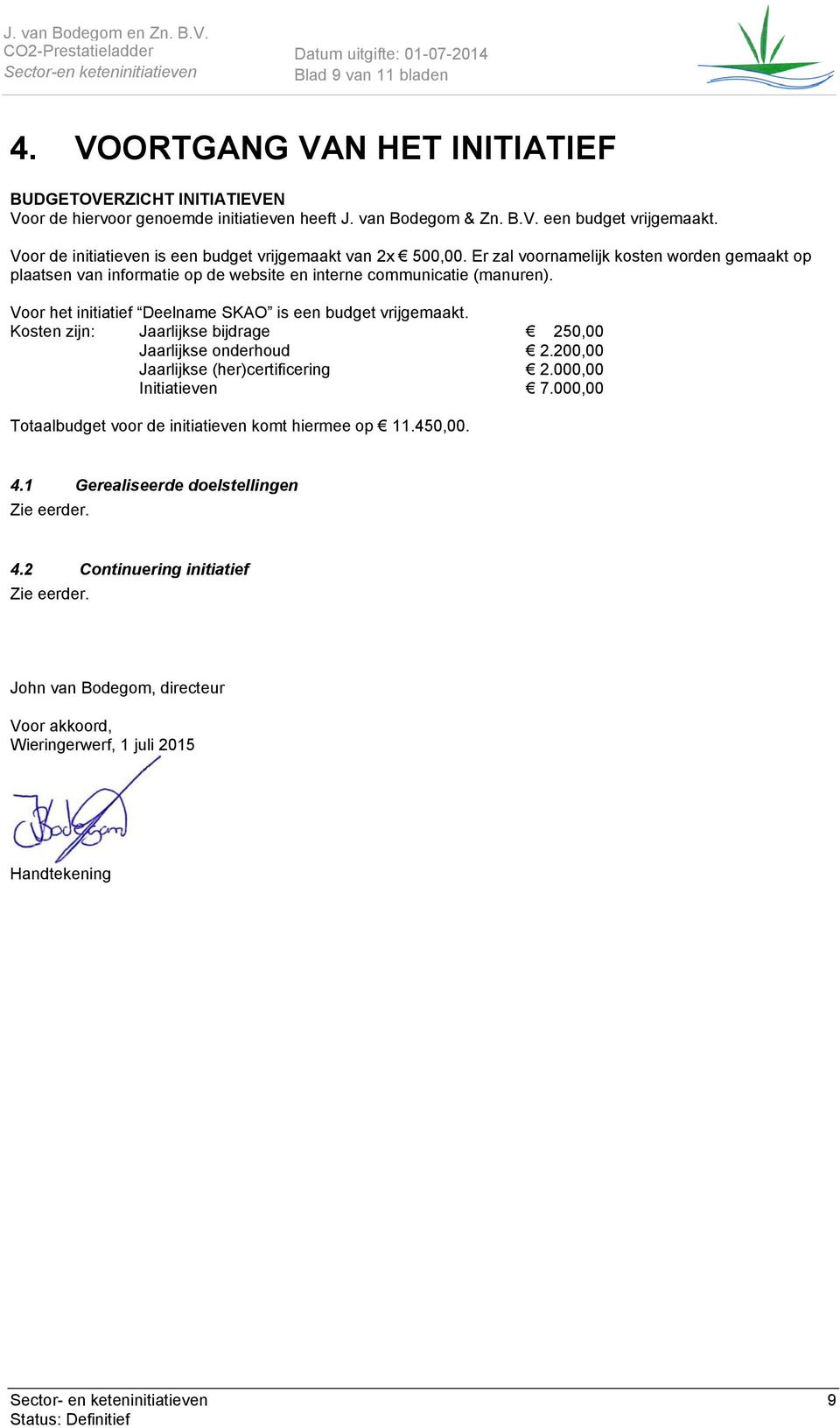 Voor het initiatief Deelname SKAO is een budget vrijgemaakt. Kosten zijn: Jaarlijkse bijdrage 250,00 Jaarlijkse onderhoud 2.200,00 Jaarlijkse (her)certificering 2.000,00 Initiatieven 7.