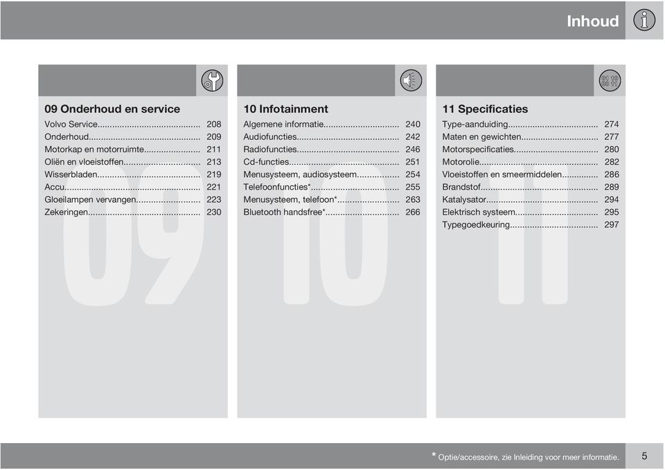 .. 251 Menusysteem, audiosysteem... 254 Telefoonfuncties*... 255 Menusysteem, telefoon*... 263 Bluetooth handsfree*... 266 11 Specificaties 11 Type-aanduiding.