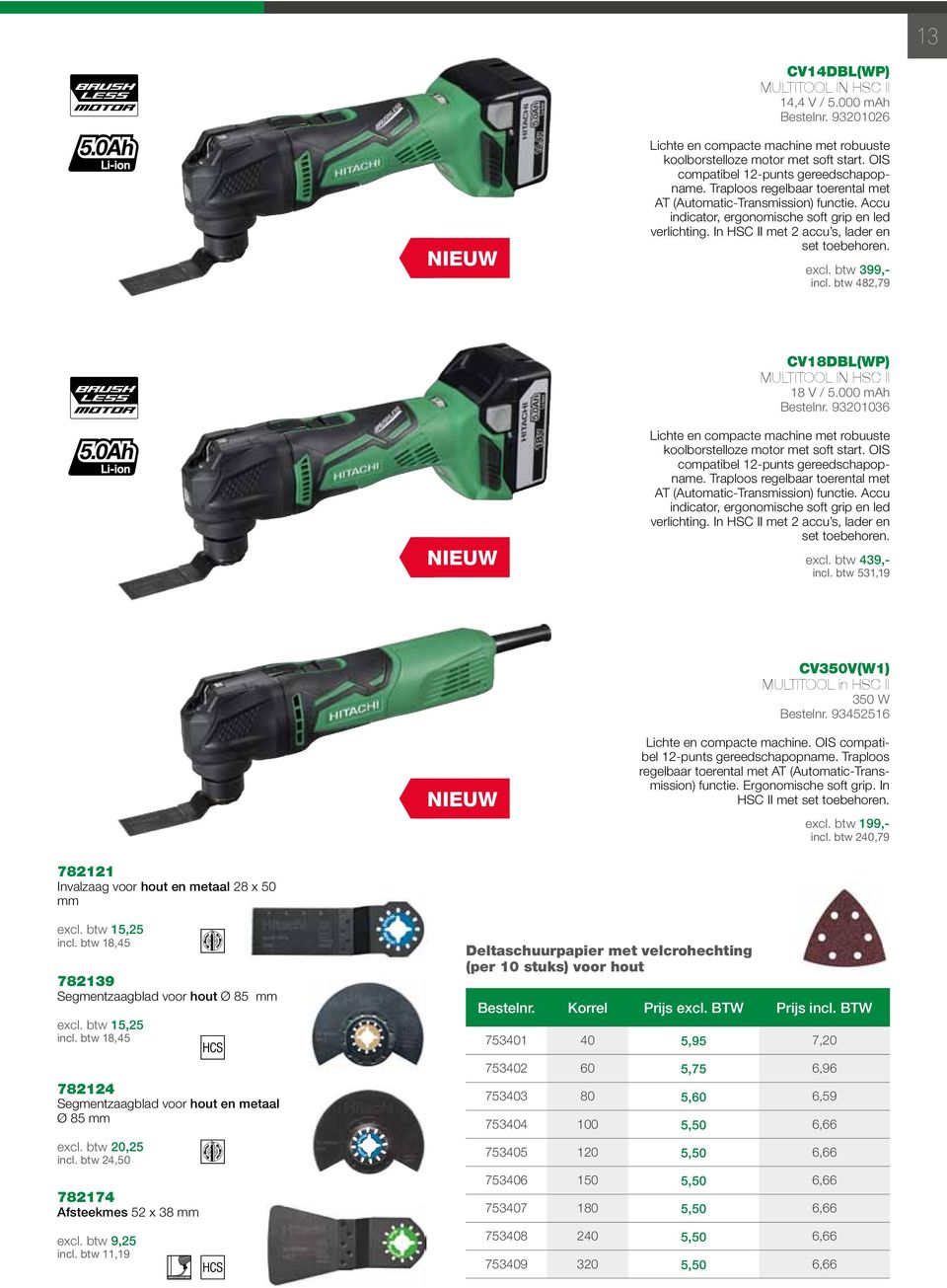 btw 482,79 CV18DBL(WP) MULTITOOL IN HSC II 18 V / 5.000 mah Bestelnr. 93201036 NIEUW Lichte en compacte machine met robuuste koolborstelloze motor met soft start.