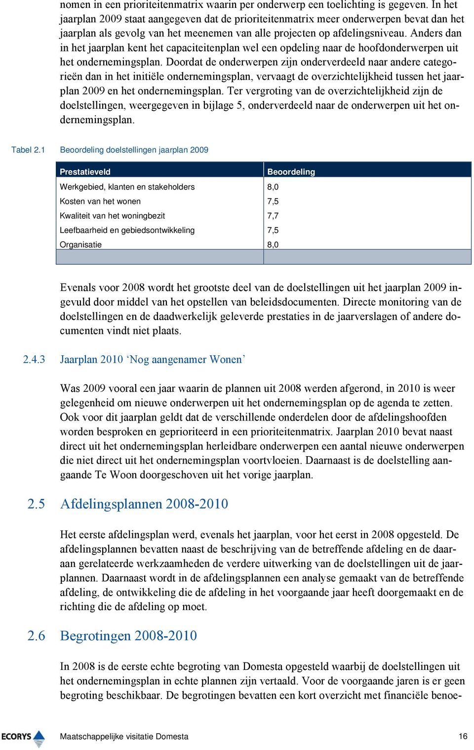 Anders dan in het jaarplan kent het capaciteitenplan wel een opdeling naar de hoofdonderwerpen uit het ondernemingsplan.