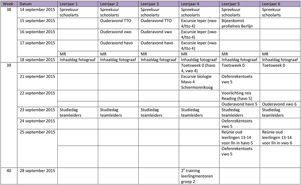 Inhaaldag fotograaf Inhaaldag fotograaf 39 Toetsweek 0 (havo Toetsweek 0 Toetsweek 0 4, vwo 21 september 2015 Excursie biologie Mavo 4 Oefenrekentoets vwo 5 Schiermonnikoog 22 september 2015