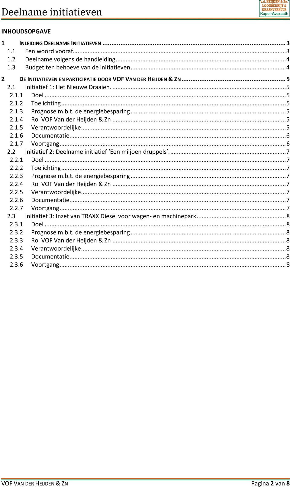 .. 5 2.1.4 Rol VOF Van der Heijden & Zn... 5 2.1.5 Verantwoordelijke... 5 2.1.6 Documentatie... 6 2.1.7 Voortgang... 6 2.2 Initiatief 2: Deelname initiatief Een miljoen druppels.... 7 2.2.1 Doel... 7 2.2.2 Toelichting.