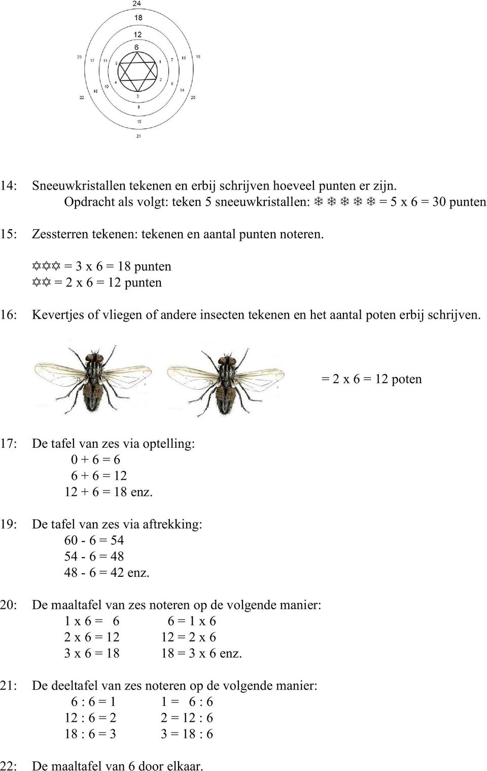 = 3 x 6 = 18 punten = 2 x 6 = 12 punten 16: Kevertjes of vliegen of andere insecten tekenen en het aantal poten erbij schrijven.