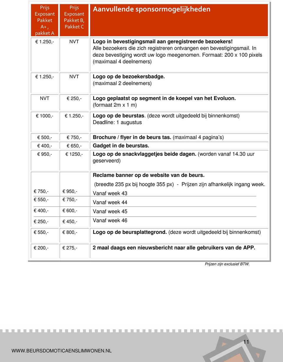 250,- NVT Logo op de bezoekersbadge. (maximaal 2 deelnemers) NVT 250,- Logo geplaatst op segment in de koepel van het Evoluon. (formaat 2m x 1 m) 1000,- 1.250,- Logo op de beurstas.