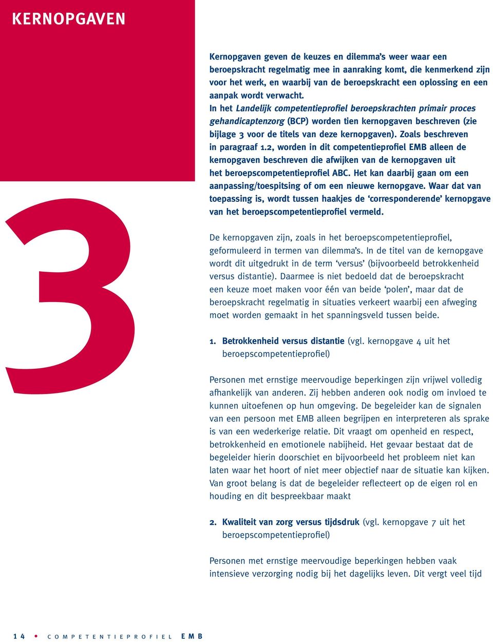 In het Landelijk competentieprofiel beroepskrachten primair proces gehandicaptenzorg (BCP) worden tien kernopgaven beschreven (zie bijlage 3 voor de titels van deze kernopgaven).