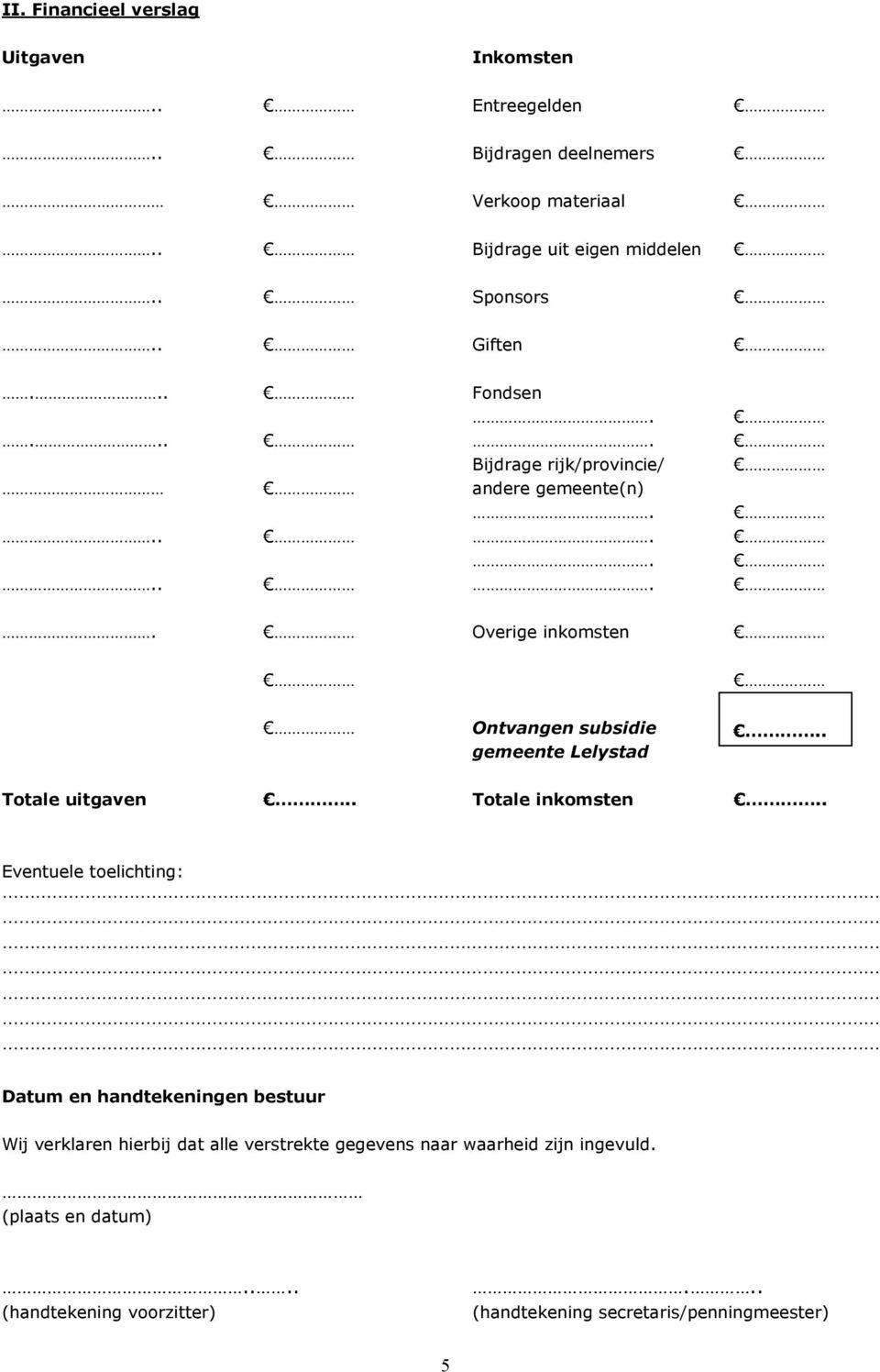 ........ Overige inkomsten Ontvangen subsidie gemeente Lelystad.. Totale uitgaven.. Totale inkomsten.